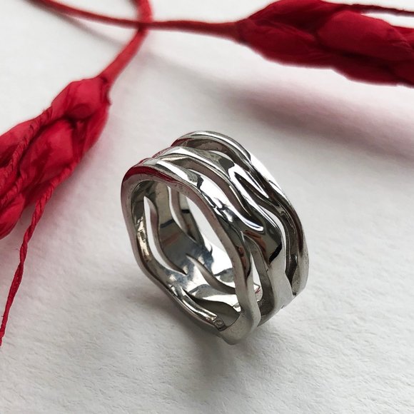 Wide chunky ring 925 sterling silver, multi layer ring - Picture 8 of 12